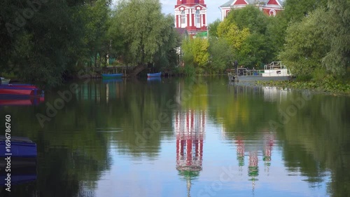 View of Church of the Forty Martyrs of Sebaste reflecting in Trubezh river in Pereslavl-Zalessky, Yaroslavskaya oblast, Russia