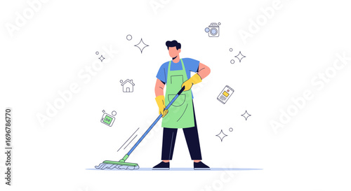 Man Cleaning With Mop, Home Interior, Illustration Style, Clean House, Vector Art