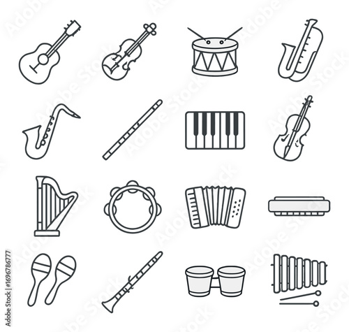 Assorted musical instruments icons on gray background