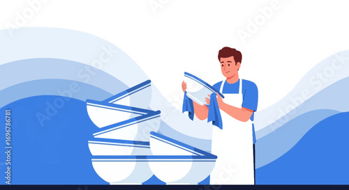 Man Cleans Dishes After Meal Amidst Wavy Background for Culinary or Domestic Themes