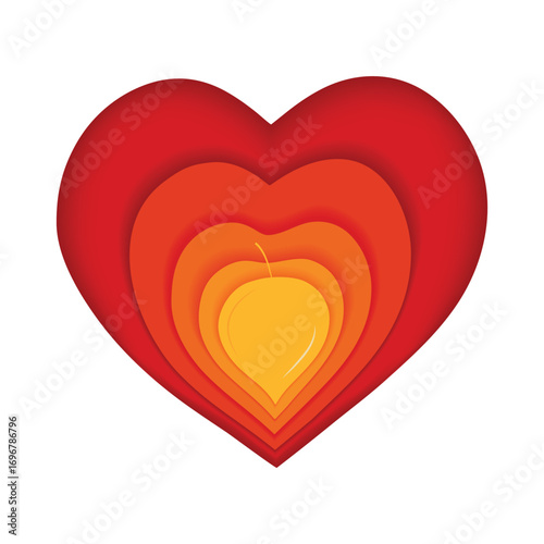 Yellow Fall Leaf  transforms into a Red Heart through three layers with shadows Isolated on the White Background