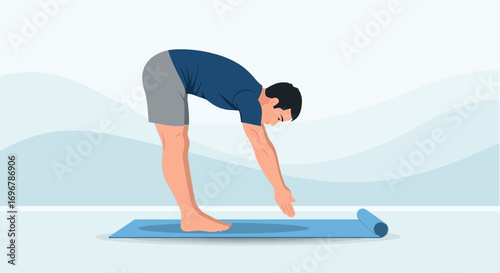 Man Demonstrating Forward Fold In Yoga Pose On A Mat, Healthy Lifestyle Practice