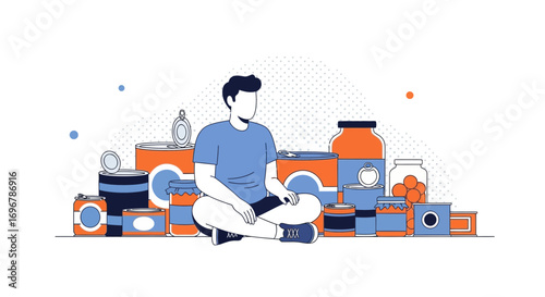 Person Contemplating Food Supplies Surrounded By Canned Goods In A Resourceful Setting