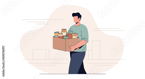 Man Delivering Food Donation Box Illustration Depicting Community Support and Human Care Effort