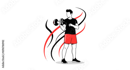 Man Doing Dumbbell Workout With Abstract Swirls, Fitness And Bodybuilding Concept