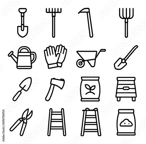 Collection of gardening tools including shovel, rake, wheelbarrow, watering can, and gloves