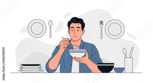 Man Dining With A Spoon And A Bowl At A Table, Simple Flat Vector Illustration
