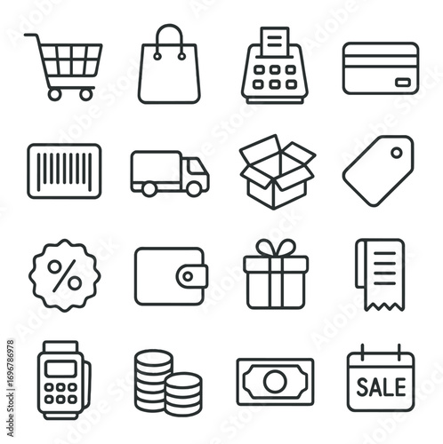 Shopping and payment icons: cart, wallet, barcode, credit card, cash, sale