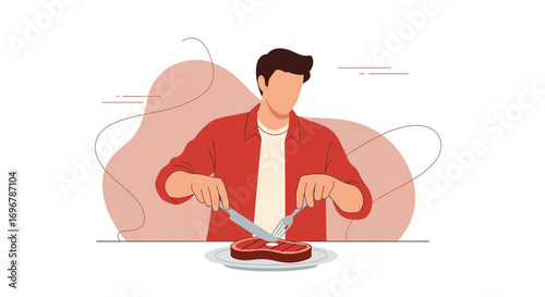 Man Eating Delicious Steak Illustration Modern Style Isolated On White Background