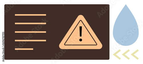 Exclamation mark inside a warning triangle highlights hazard, paired with stylized water droplet for environmental risk. Ideal for safety, caution, environment, hazard, water issues, awareness
