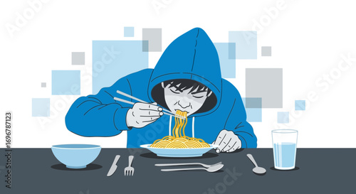 Person Eating Noodles in a Modern Style with Chopsticks and a Glass of Water