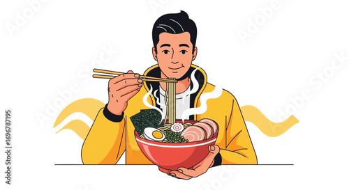 Man Enjoying a Delicious Bowl of Ramen with Chopsticks in a Delightful Illustration