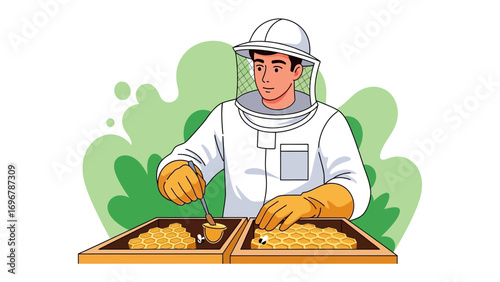 Apiarist's Harvest: A beekeeper in protective attire harvests golden honeycombs from a hive, symbolizing dedication to natural production