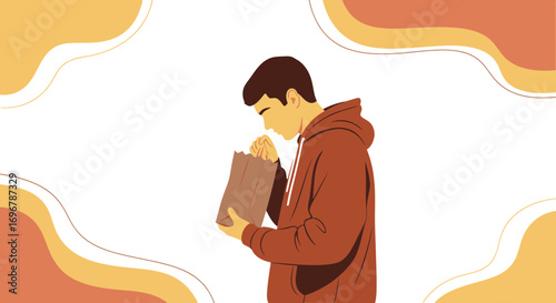 Person Examining Contents Of A Bag, Conceptual Illustration With Wavy Background Designs