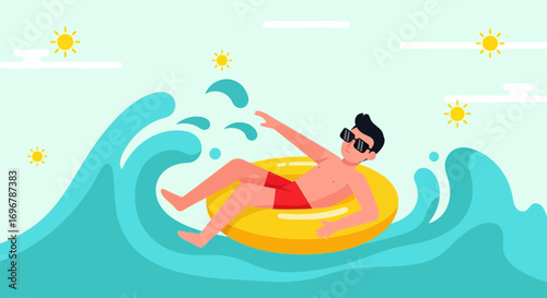 Man Enjoying Summer Relaxation Experience on a Yellow Inner Tube in the Ocean