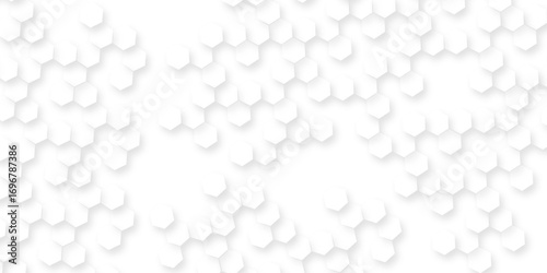 the geometric repetition and depth of the hexagonal grid, A pattern of white hexagon shapes arranged subtle shadows that create a three-dimensional, layered effect.