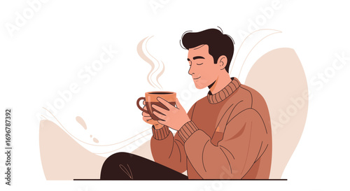 Man Enjoying Steaming Beverage Depicted In Digital Illustration With Subtle Background