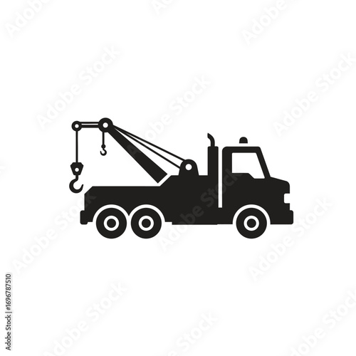 Tow truck silhouette with crane arm and hook on a white background. EPS 10.