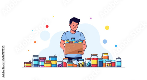 Person Holding a Box with Food Supplies Surrounded by Jars and Cans in an Illustrative Design