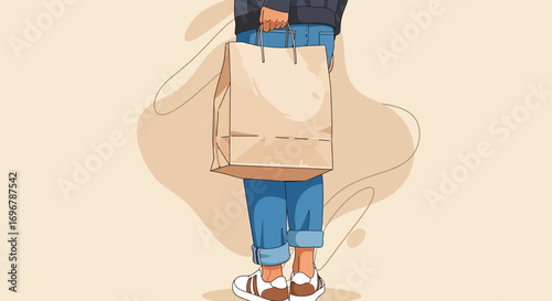 Person Holding Brown Paper Bag with Handles in Casual Outfit Illustration