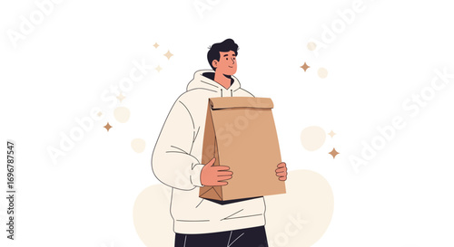 Person Holding Brown Paper Bag With a Happy Expression And White Background