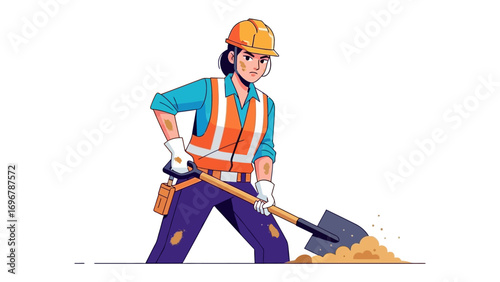 Diligent worker in Construction Site: An illustration of a woman wearing construction gear, including a helmet and high-visibility vest, wields a shovel with determination.