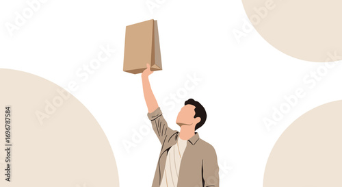 Person Holding Up A Bag In A Beige Background, Isolated Minimalist Vector Illustration, Graphic
