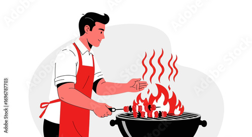 Man Grilling Food Outdoors: A Delicious Barbecue Experience Under Blue Sky and Sunshine