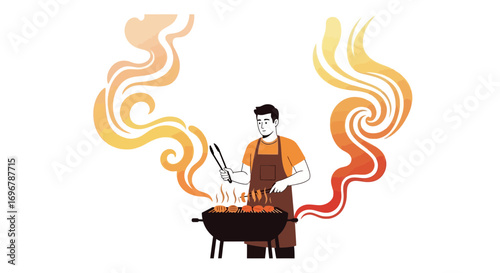 Man Grilling Food On A Barbecue, Preparing Meals Outdoors, Vector Illustration