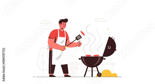 Man Grilling Sausages Outdoors, Summer Barbecue Concept, Fun And Easy Preparation