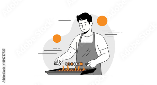 Man Grilling Skewers At A Barbecue Preparing Dinner, Simple Illustration Vector Art