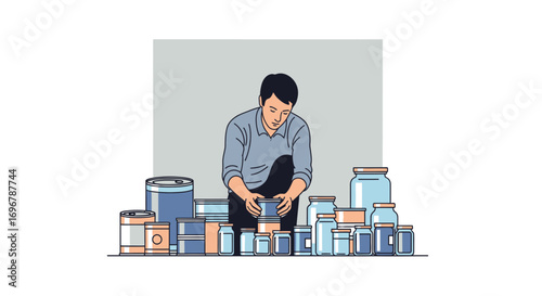 Person Organizing Assortment Of Jars And Cans, Storing Objects Neatly Within Reach