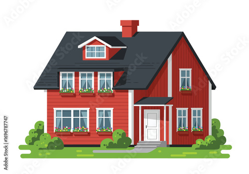 Charming red house with black roof and lush green bushes, isolated on white background, showcasing classic architecture and inviting curb appeal