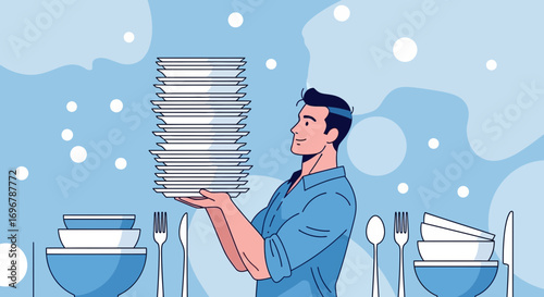Man Holding Plates, Clean Dishes, Serving, Restaurant, Kitchen, Tableware, Illustration