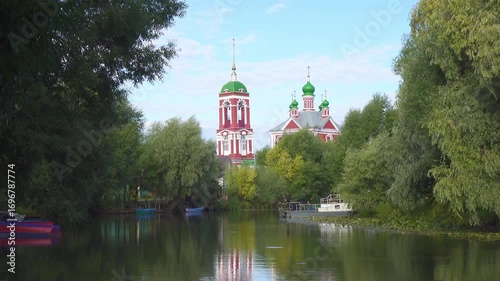 View of Church of the Forty Martyrs of Sebaste reflecting in Trubezh river in Pereslavl-Zalessky, Yaroslavskaya oblast, Russia