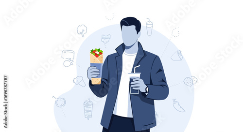 Man Holding Wrap And Drink, Illustration Of Modern Style Business Lunch Break