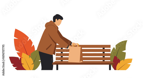 Person Placing a Bag on a Bench with Autumnal Foliage in Illustration Design