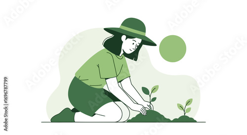 Person Planting Sapling In the Garden, Illustrated with Monochrome Colors and Simple Style