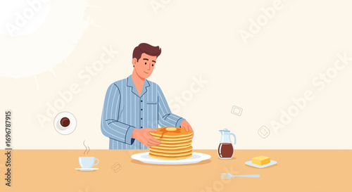 Man In Pajamas Prepares Delicious Pancake Breakfast Enjoying A Sweet Morning Treat