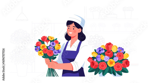 Floral Artisan: A skilled florist meticulously arranges a vibrant bouquet of colorful blooms, showcasing creativity and expertise in floral design.