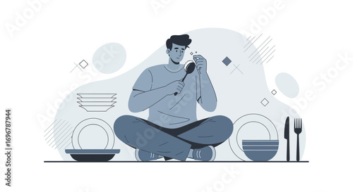 Man Inspects Clean Spoon Atop Dishes, Illustrating Post-Meal Mealtime Rituals And Domestic Life
