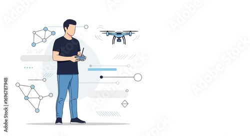 Man Is Controlling A Drone, Technology And Modern Advances Vector Illustration