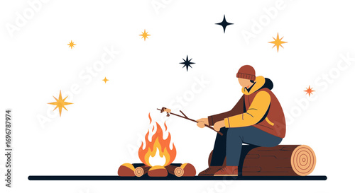 Person Preparing to Eat Roasted Food Over Campfire During Starry Winter Night