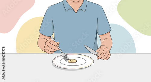 Person Preparing To Eat Small Cookie On Plate With Fork And Knife At Table