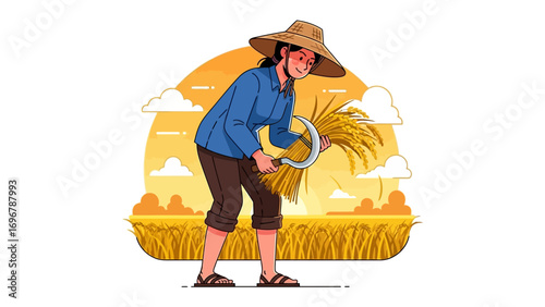 The Harvester's Bounty: An illustrative artwork of a woman harvests golden grains in a sun-kissed field, epitomizing the spirit of hard work and the abundance of the harvest season.