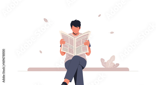 Person Reading Journal Outdoors: Relaxed Illustration Depicting Daily Information and Reflection