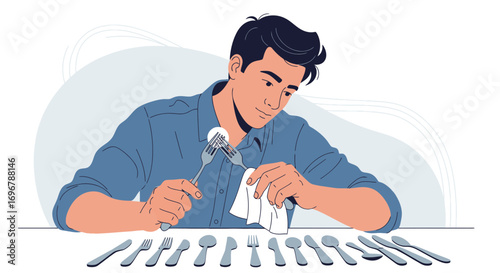 Man Polishing Silverware For Formal Dinner, Preparing Table Setting, Clean Eating Concept