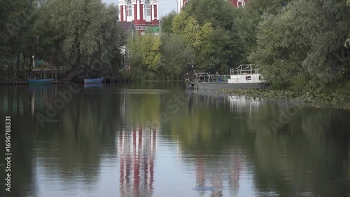 View of Church of the Forty Martyrs of Sebaste reflecting in Trubezh river in Pereslavl-Zalessky, Yaroslavskaya oblast, Russia