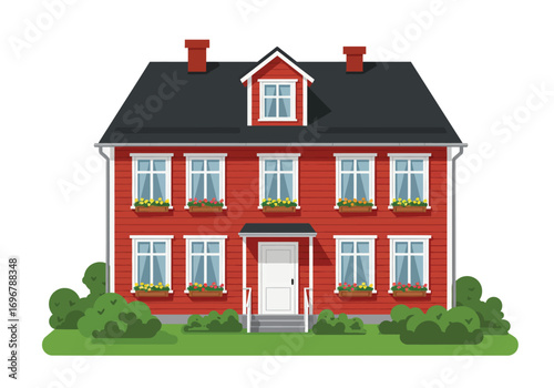 Charming red house with black roof and lush green bushes, isolated on white background, showcasing classic architecture and inviting curb appeal
