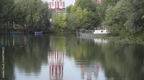View of Church of the Forty Martyrs of Sebaste reflecting in Trubezh river in Pereslavl-Zalessky, Yaroslavskaya oblast, Russia